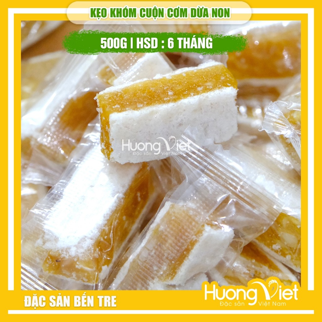 Kẹo khóm cuộn dừa non Hồng Vân - túi 500g Kẹo khóm cuộn dừa non Hồng Vân - túi 500g