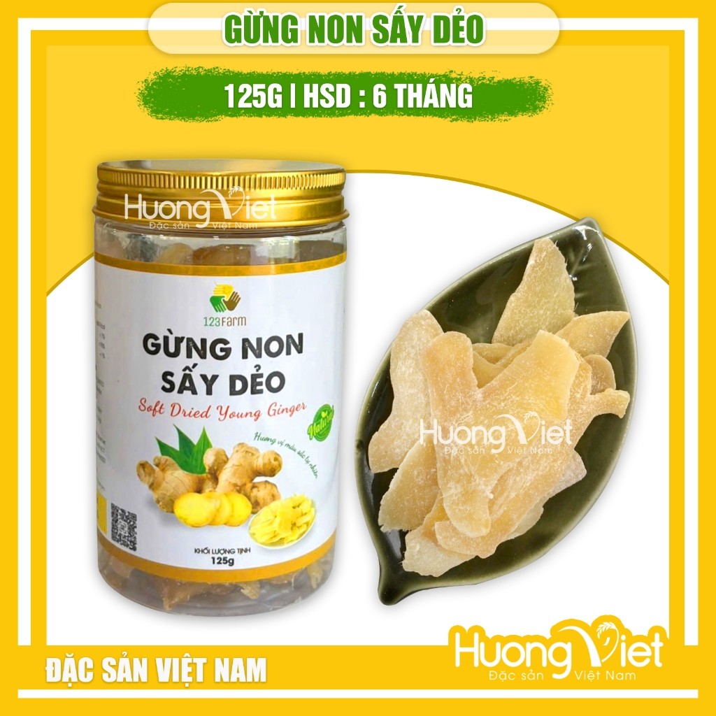 Gừng non sấy dẻo 123 Farm – Vị ít cay, mềm thơm (Hũ 125g)