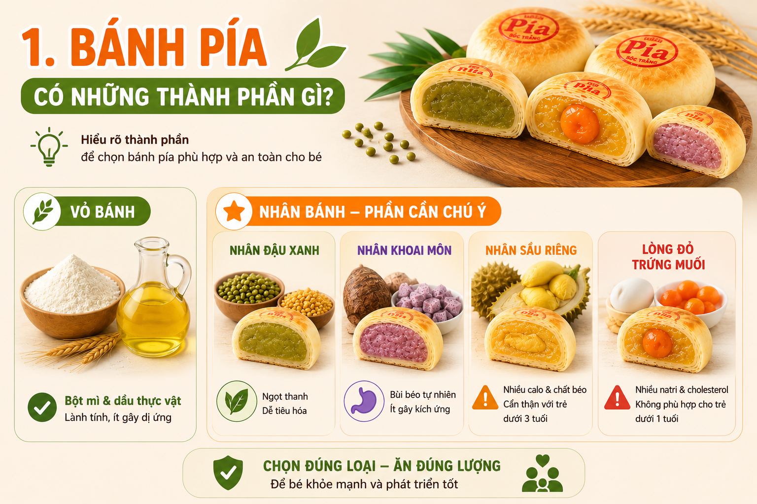 Bánh pía ngọt bùi, thơm lừng — nhưng cho bé ăn có an toàn không? Câu trả lời là có, nếu bạn biết chọn đúng loại và đúng liều lượng