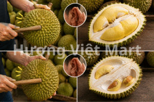 Lấy cán dao gõ nhẹ vô bụng trái sầu. Mình đang lắng nghe cái độ đặc của phần cơm bên trong đó.