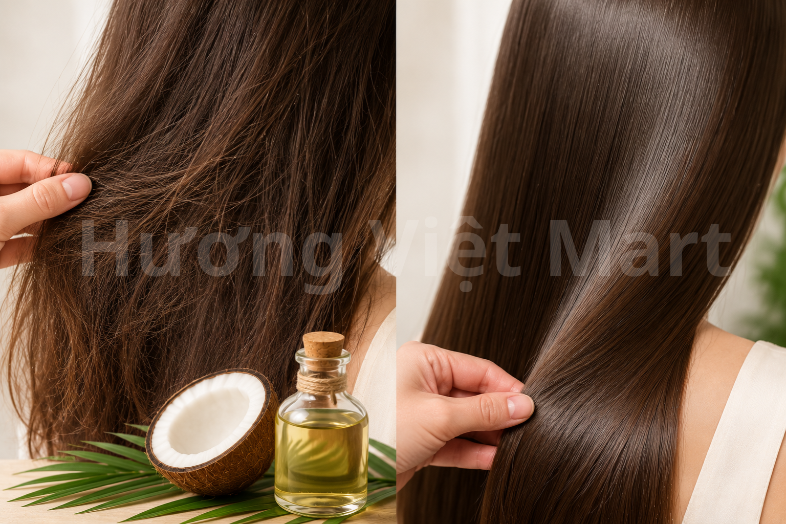 Cận cảnh mái tóc khô xơ trước và sau khi được dưỡng bằng dầu dừa.