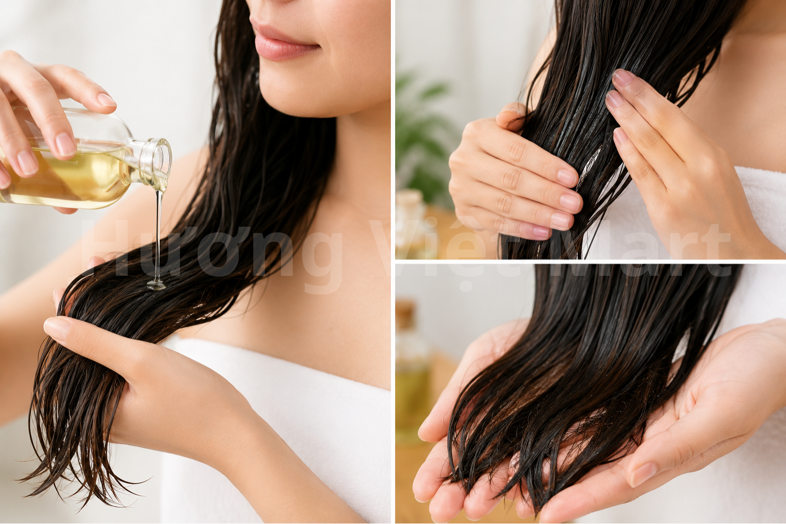 Cách thoa dầu dừa đúng vị trí, ưu tiên thân và ngọn tóc.