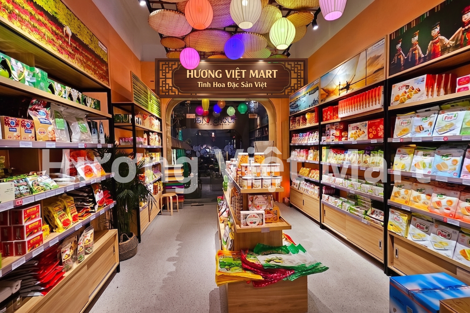 Hương Việt Mart có 4 chi nhánh. Chi nhánh 95 Nguyễn Thái Bình, p Sài Gòn rất gần chợ Bến Thành. Có thể tới thưởng thức bánh và trà trước khi mua sắm.