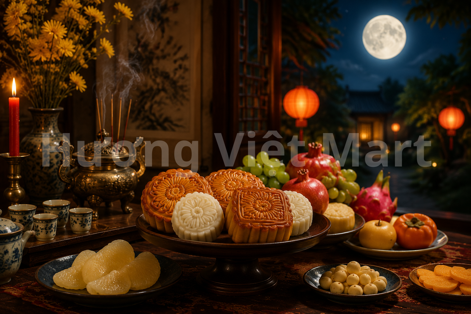 Mâm cỗ trông trăng ngày ấy thường có bánh, trà, và trái cây theo mùa. Được bày biện gọn gàng dưới ánh trăng để cả nhà cùng quây quần, trẻ nhỏ rước đèn, người lớn kể chuyện chú Cuội chị Hằng