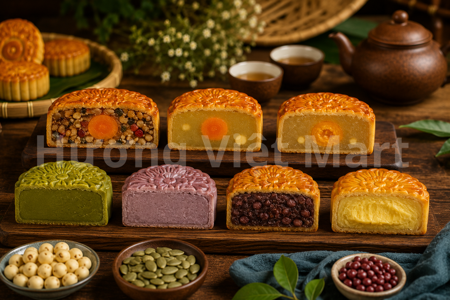 Trong khi đó, nhân đậu xanh hay hạt sen nhuyễn lại chinh phục người ăn bằng sự tinh giản — chỉ cần vị ngọt thanh, mềm mịn.