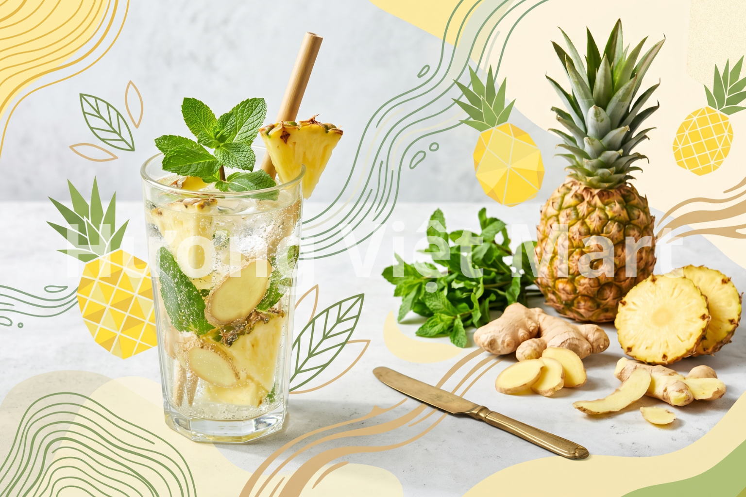 Công thức nước dứa gừng bạc hà hỗ trợ tiêu hóa. Lợi ích hỗ trợ tiêu hóa, giảm viêm, làm ấm bụng.