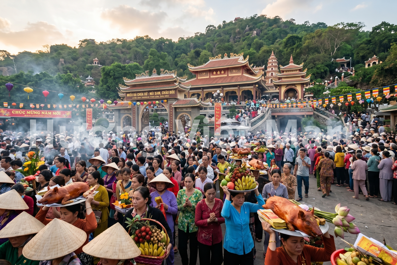 Dòng người hành hương đông đúc trước miếu Bà Chúa Xứ dưới chân núi Sam, Châu Đốc