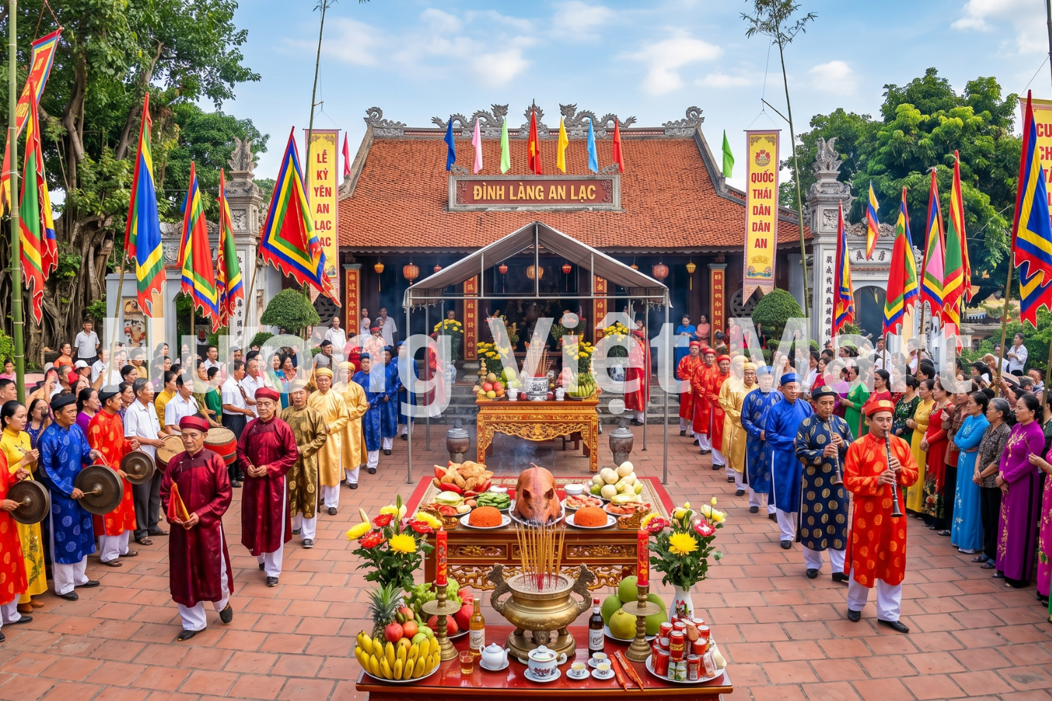 Không gian thêm phần linh thiêng và đậm đà bản sắc văn hóa với kiến trúc đình làng cổ kính. Cùng những lá cờ hội ngũ sắc tung bay phấp phới.