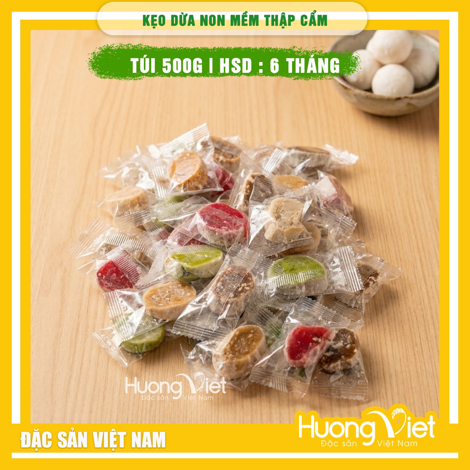 Kẹo dừa non mềm dẻo Thập Cẩm Quê Dừa Vĩnh Long 500g Kẹo dừa non mềm dẻo Thập Cẩm Quê Dừa Vĩnh Long 500g