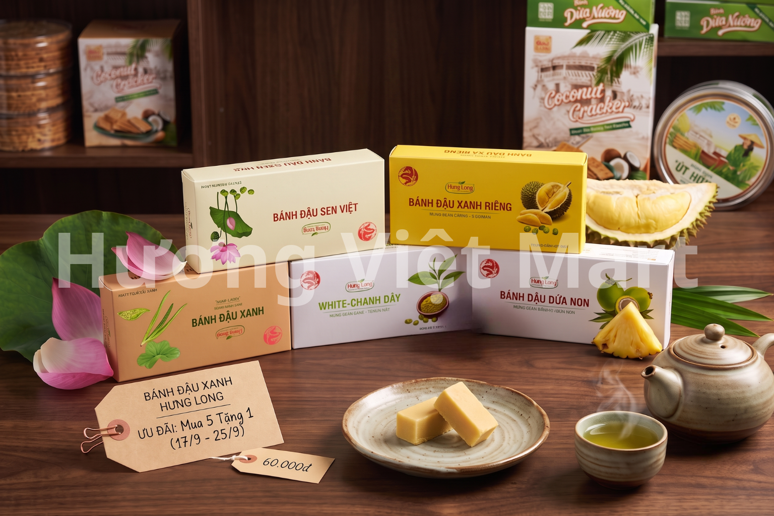 Lần này mua 5 hộp bánh đậu xanh Hưng Long 150g, Hương Việt Mart tặng thêm 1 hộp cùng loại. Có thêm bánh để thưởng trà hoặc chia sẻ cùng gia đình.