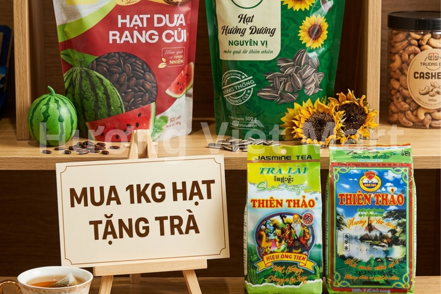 Các sản phẩm đặc sản hạt dưa, hạt hướng dương Trường Đạt và trà lài Thiên Thảo từ Đặc sản Hương Việt.