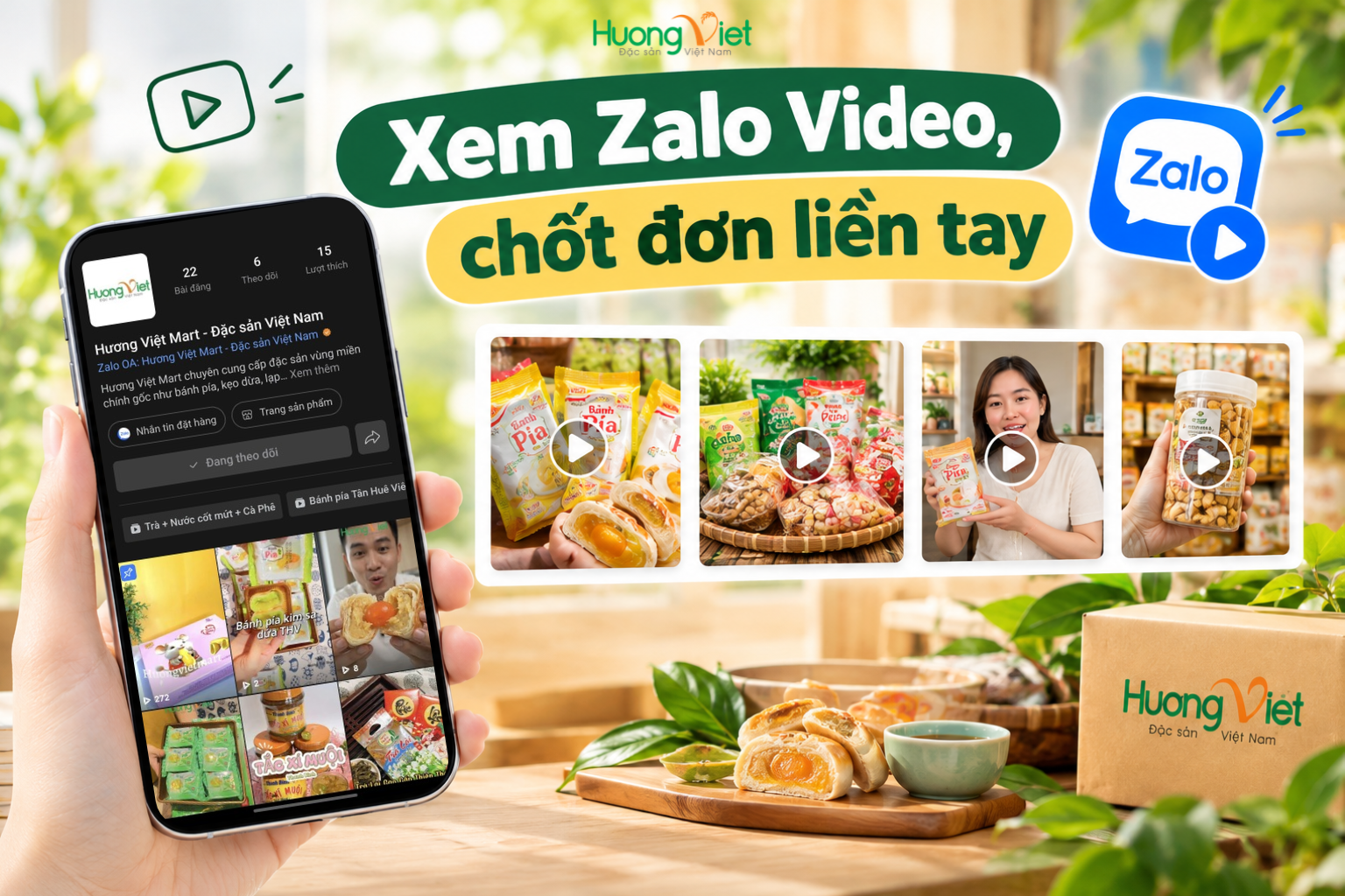 Giao diện thân thiện, khách hàng có thể xem các video ngắn về sản phẩm đặc sản. Chốt đơn nhanh chóng.
